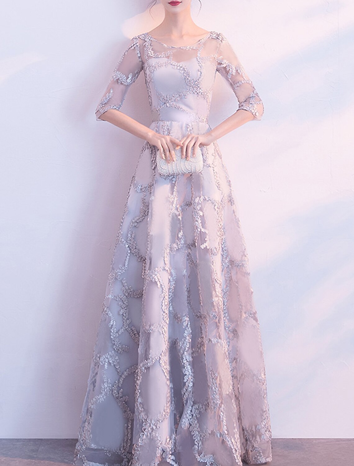 Wholesale A-Line Minimalist Elegant Prom Formal Evening Dress Jewel Neck Half Sleeve Floor Length Tulle with Pleats Appliques